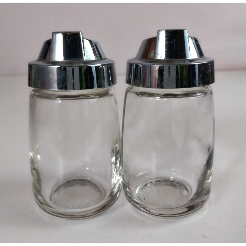 Vintage Federal Housewares Chrome Lids Clear Glass Salt & Pepper Shakers